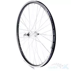 Felge vorne, 26" Fahrradrad, schwarzer Reifen AG Motors, silberne Nabe JOY-731, verzinkte Speichen